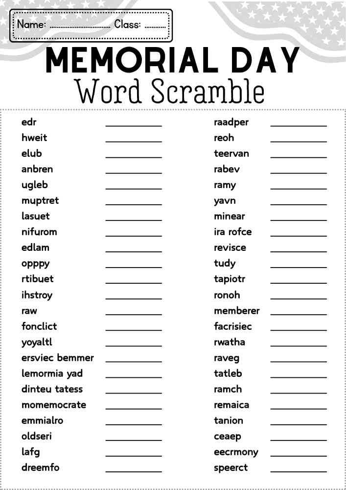 Memorial Day Word Scramble – 46 Patriotic Words Printable Activity